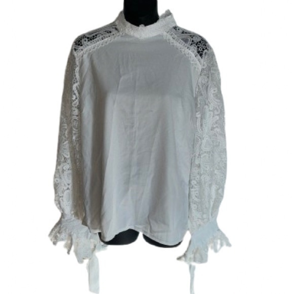 Shein white long sleeve lace high collar blouse NWOT size L
